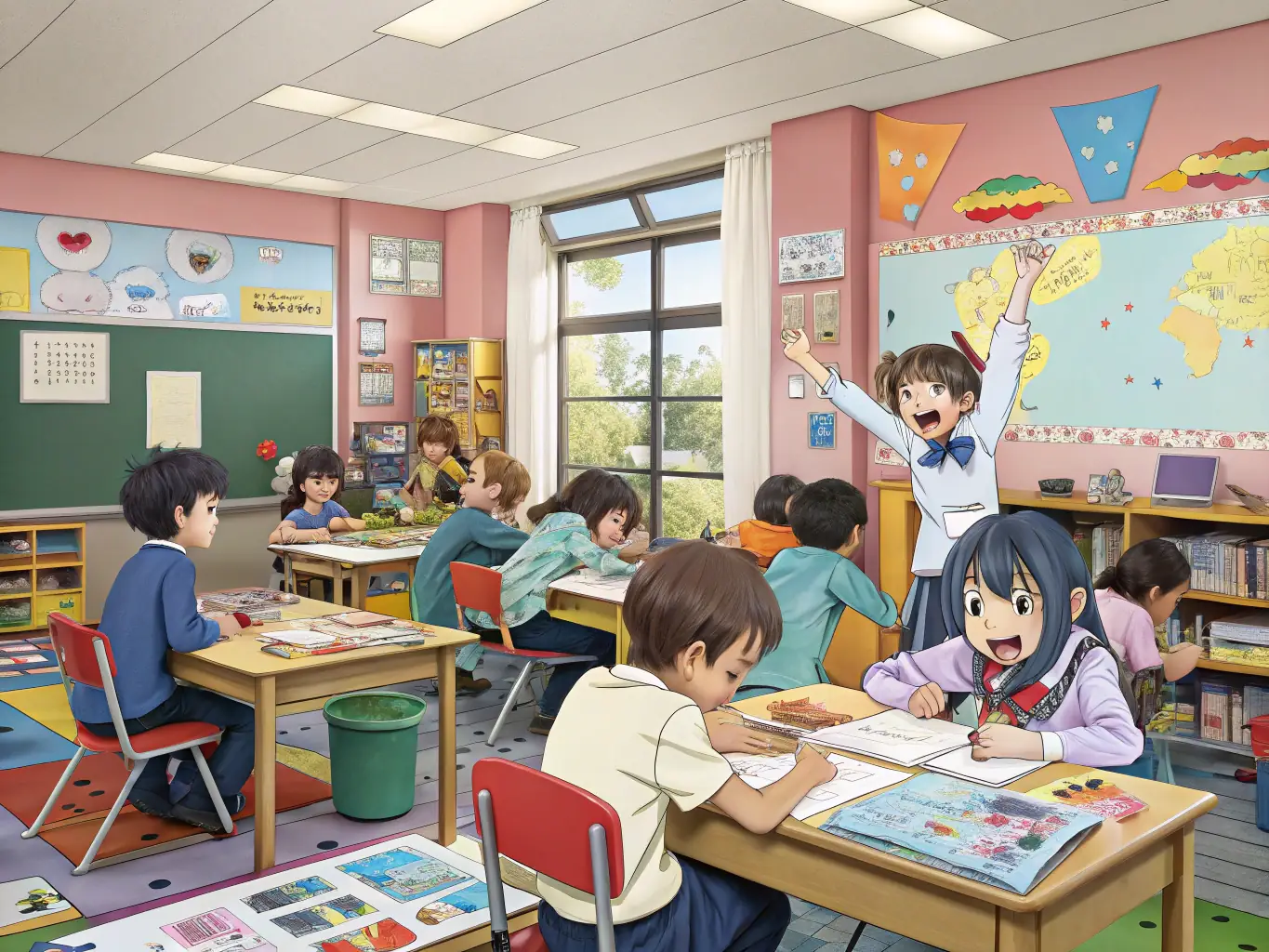 A group of children participating in an educational workshop, with volunteers assisting them in a bright and cheerful setting. The scene conveys learning and support.