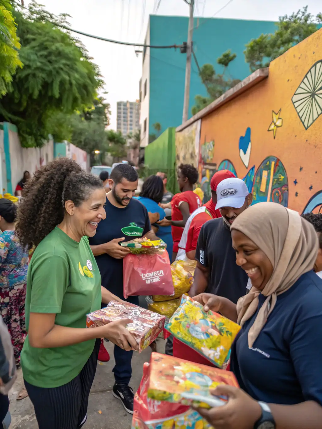 A photograph of a group of volunteers delivering essential supplies to families of police officers, highlighting the organization's material support initiatives.