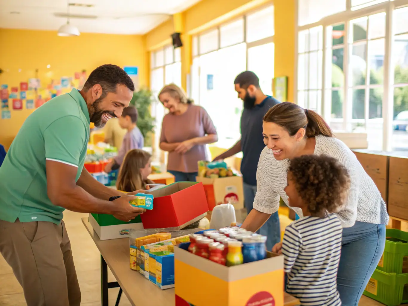 A collection of essential supplies and resources being distributed to families, highlighting the tangible support provided, in a community center.