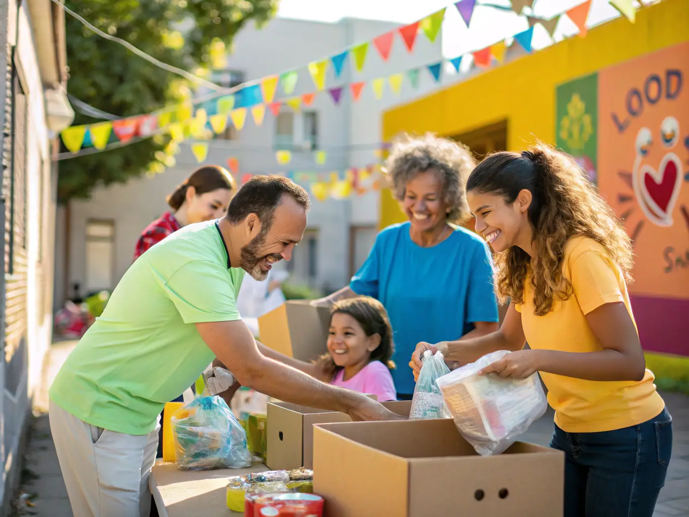 A photograph of volunteers distributing essential supplies such as clothing and school supplies to families in need, showcasing the organization's commitment to material support.