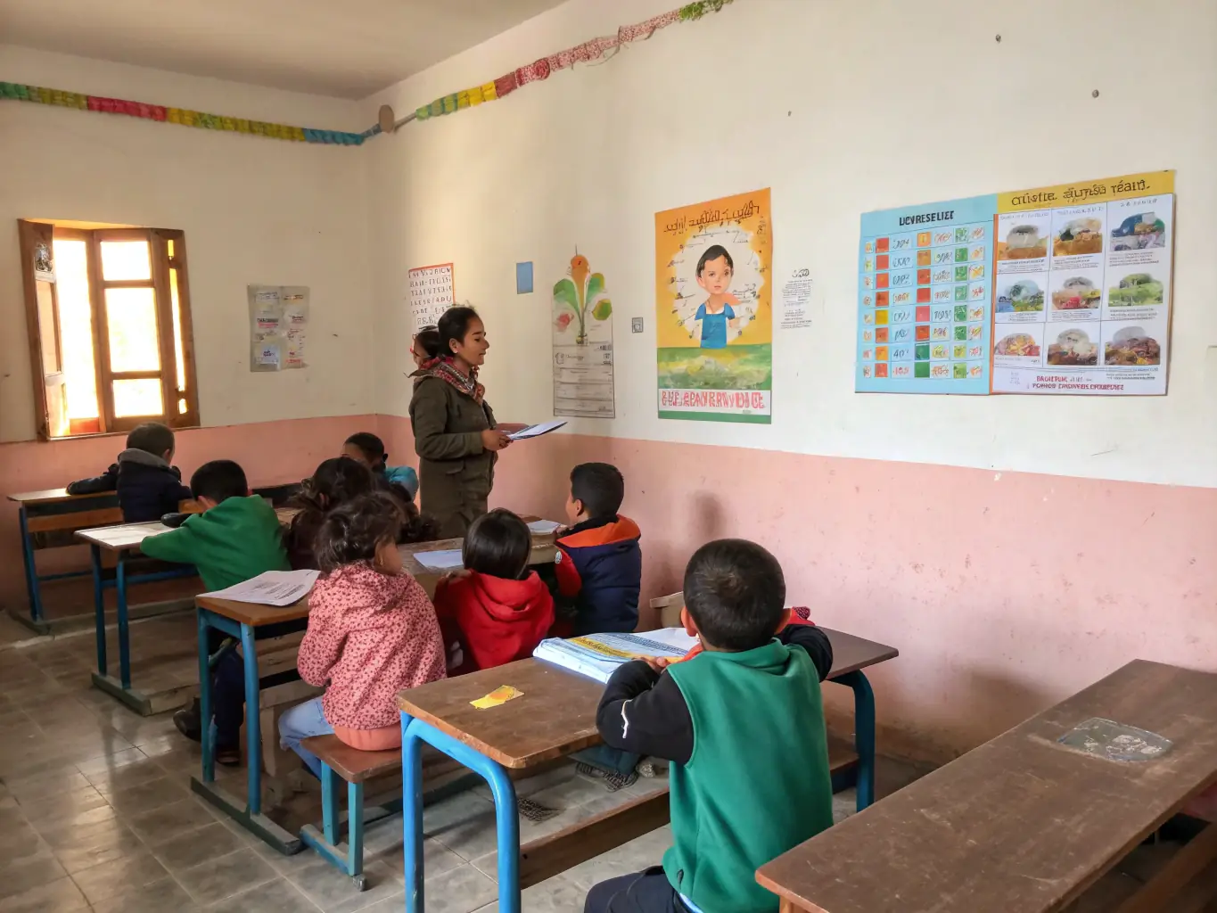 A group of children participating in an educational workshop, with a focus on learning and engagement, set in a brightly lit classroom.