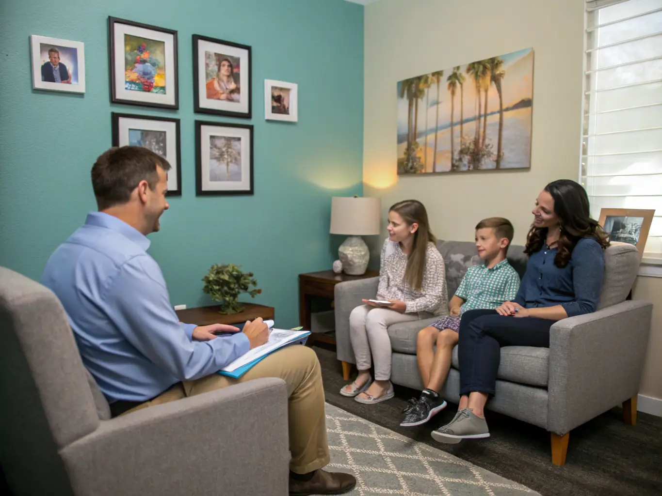 A counselor providing support to a family, emphasizing empathy and understanding, in a comfortable and private setting.
